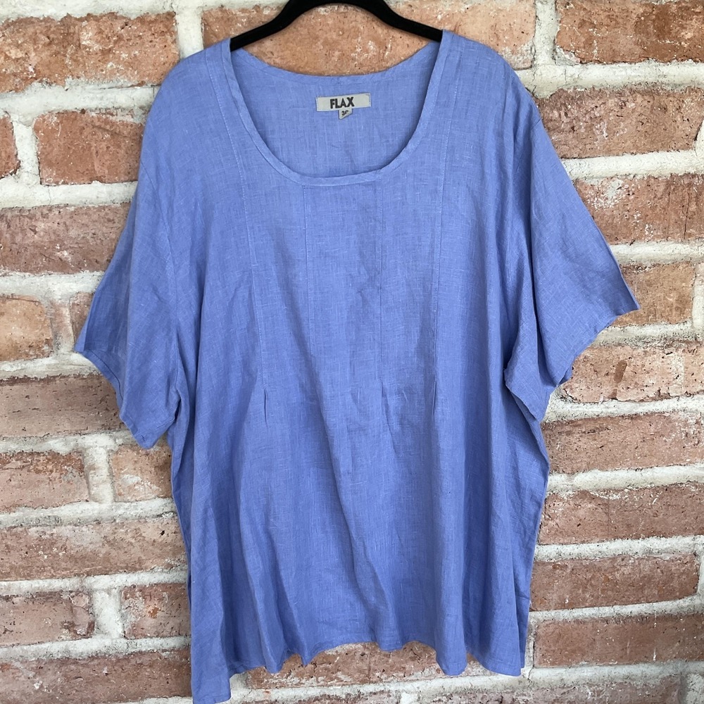 FLAX Tunic Blouse Womens 3G Blue Linen Scoop Neck Short Sleeve Relaxed Fit